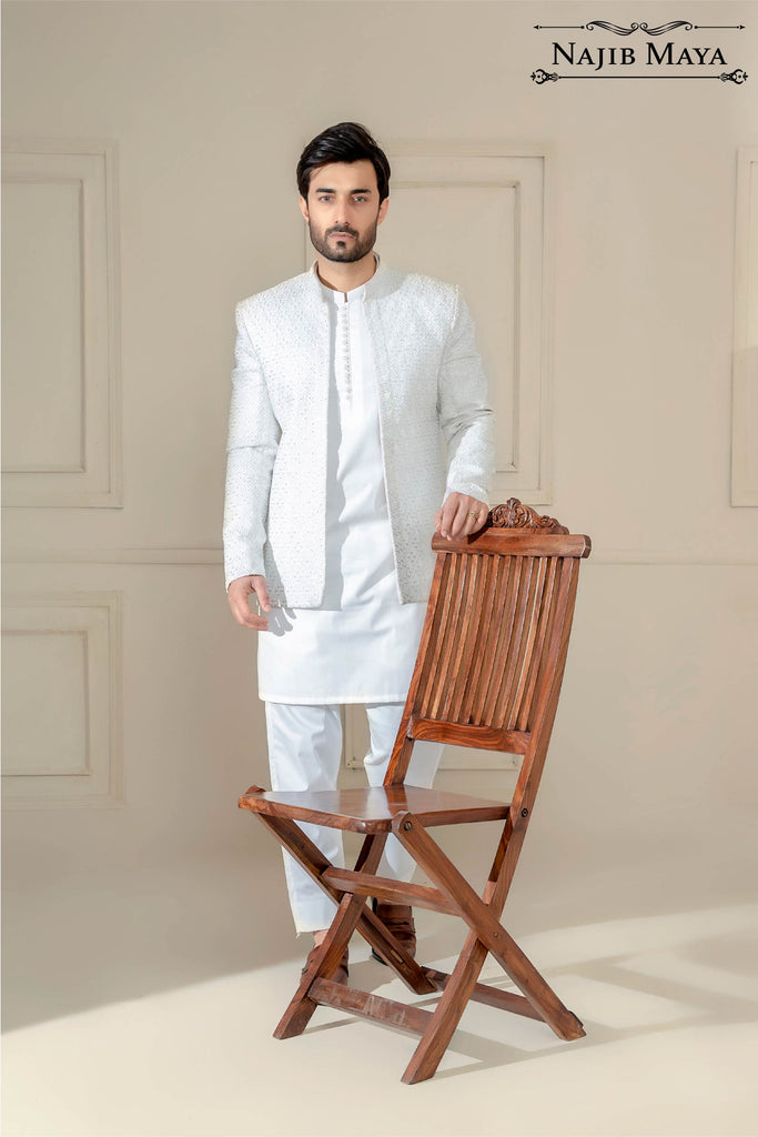 White Embroidered Prince Coat For Men's