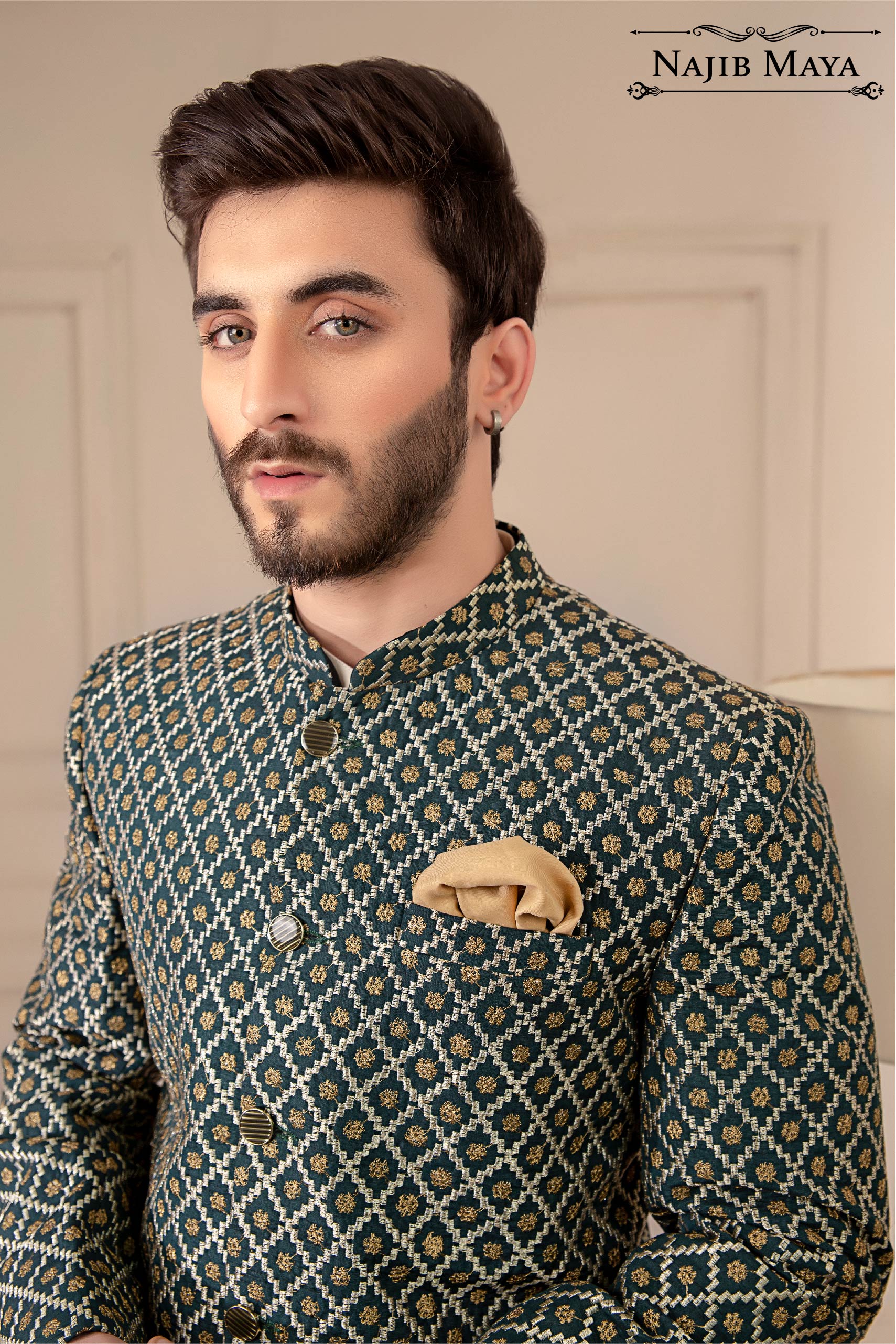 Green With Golden Embroidered Prince Coat For Men's Secondary image