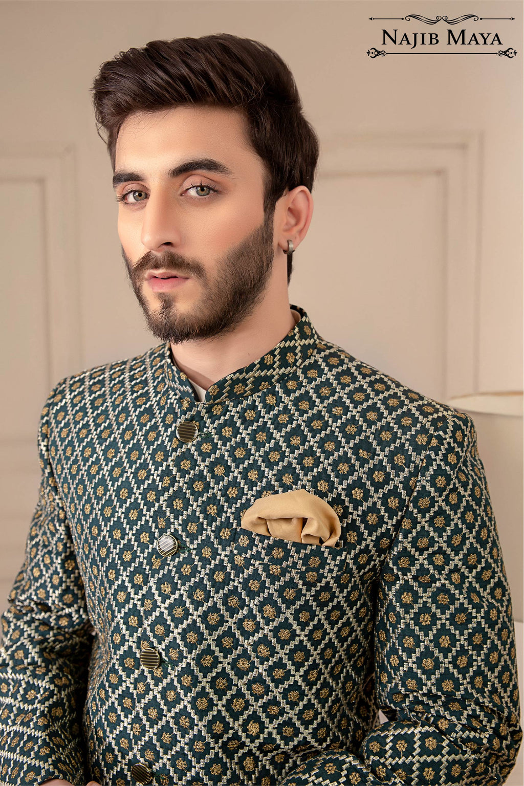Green With Golden Embroidered Prince Coat For Men's