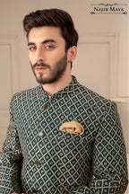 Green With Golden Embroidered Prince Coat For Men's