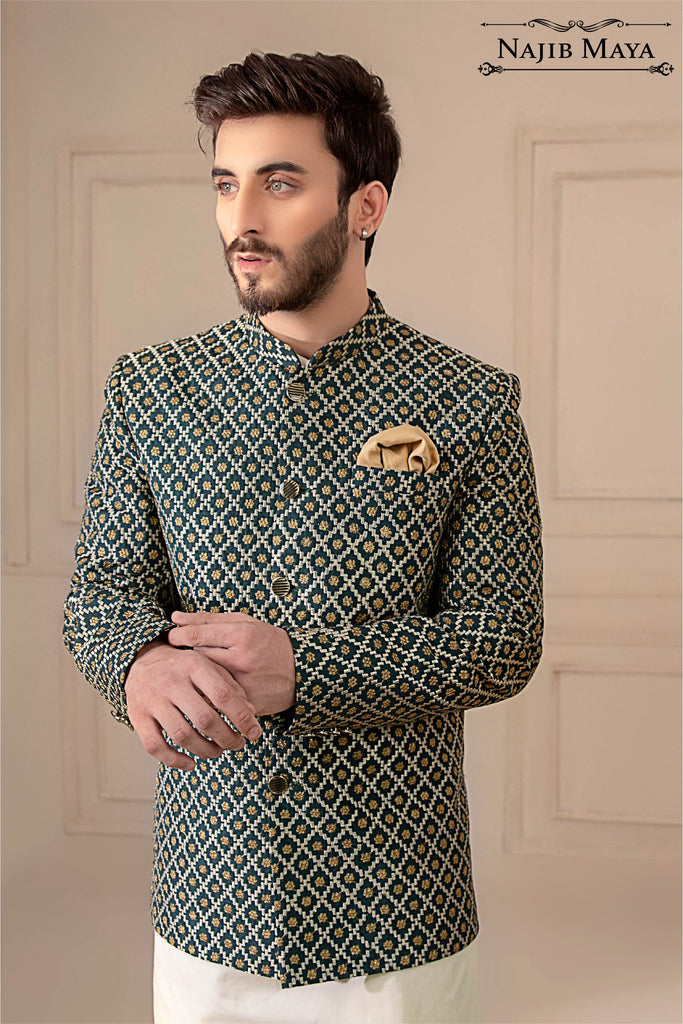 Green With Golden Embroidered Prince Coat For Men's