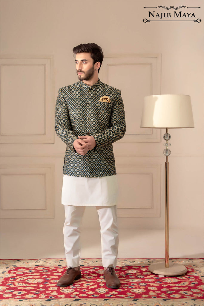 Green With Golden Embroidered Prince Coat For Men's