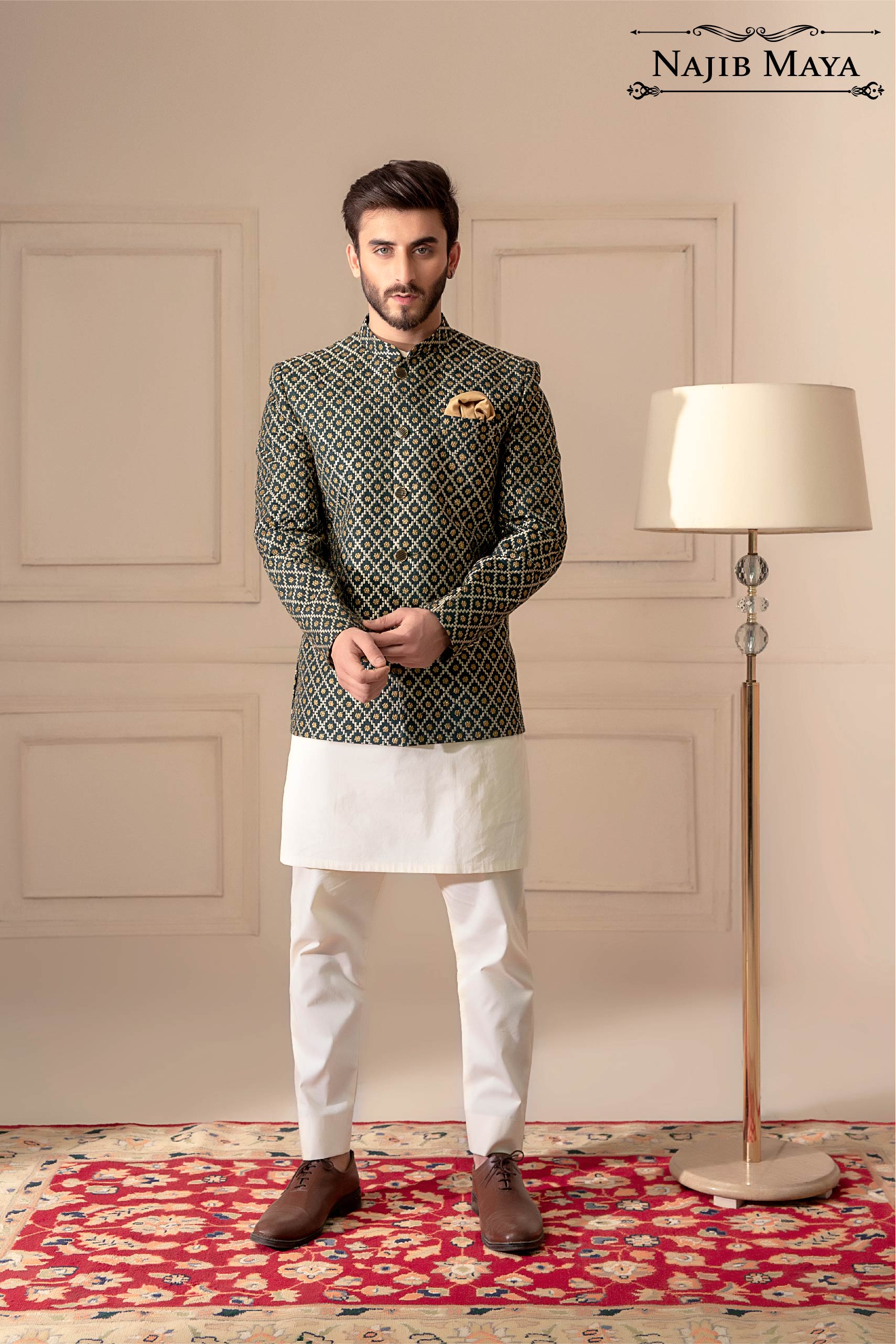Green With Golden Embroidered Prince Coat For Men's Main image