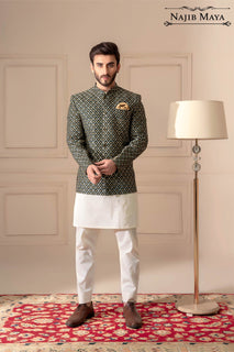 Green With Golden Embroidered Prince Coat For Men's