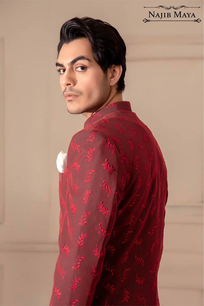 Maroon Classic Embroidered Prince Coat For Men's