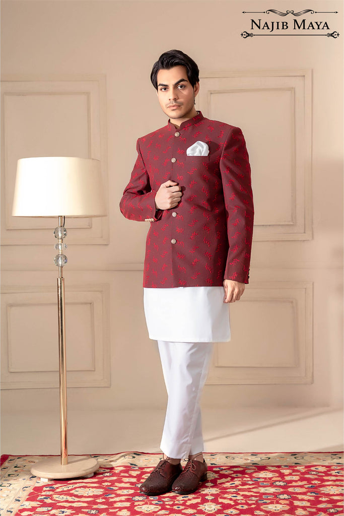 Maroon Classic Embroidered Prince Coat For Men's