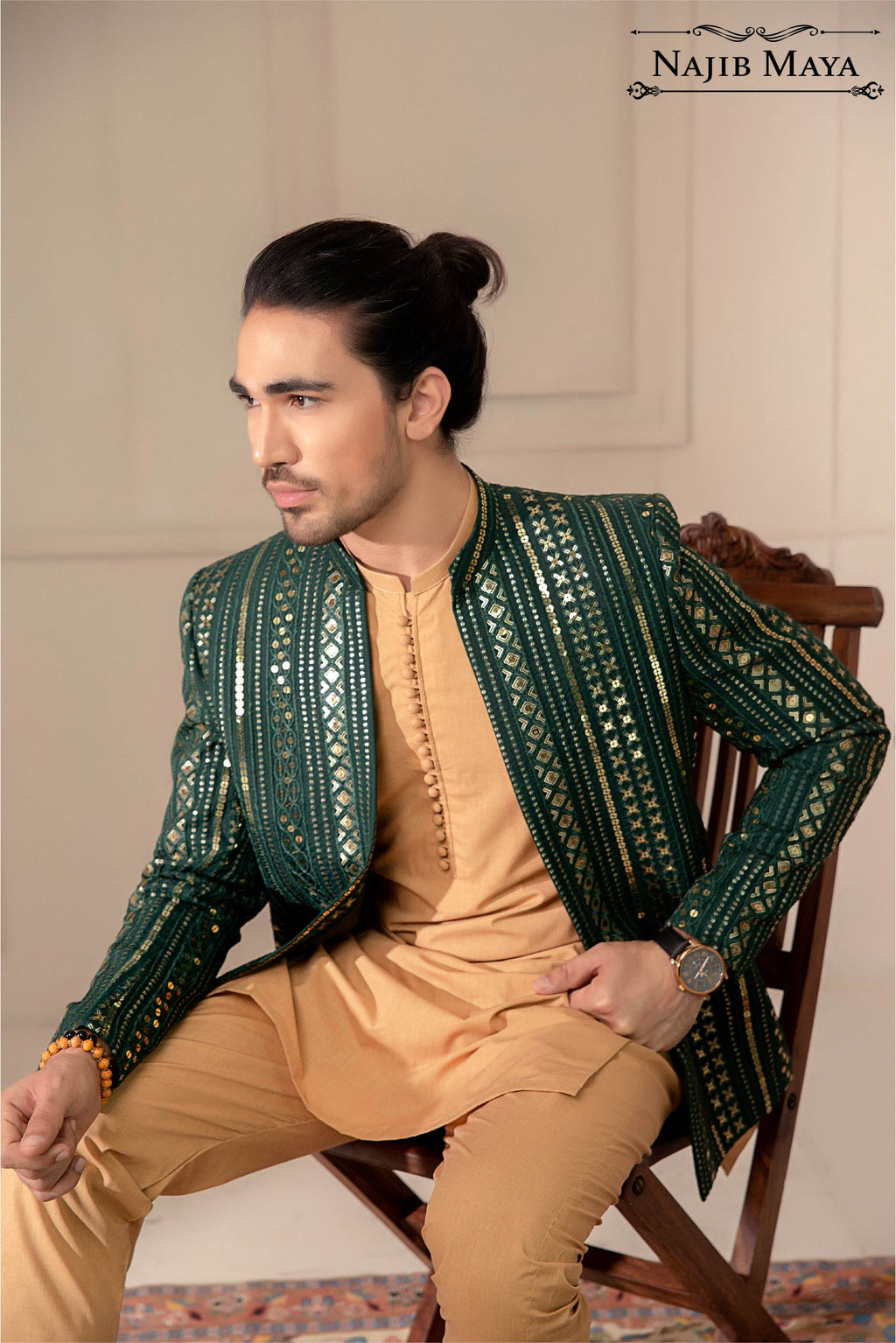Green Sequence Prince Coat For Men's