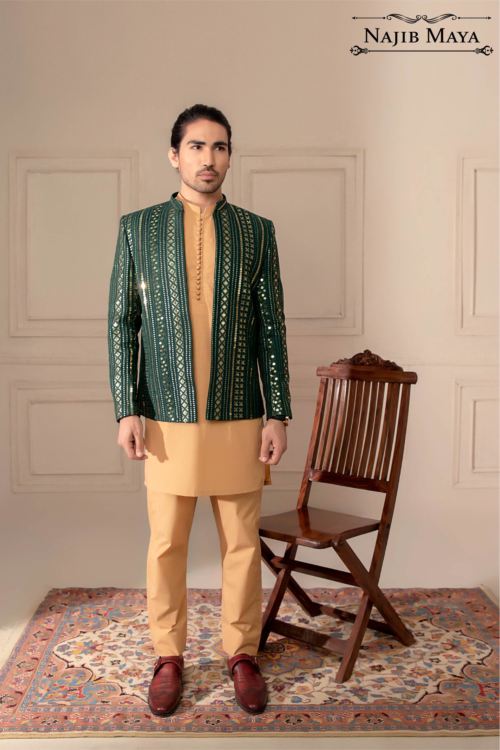 Green Sequence Prince Coat For Men's Main image