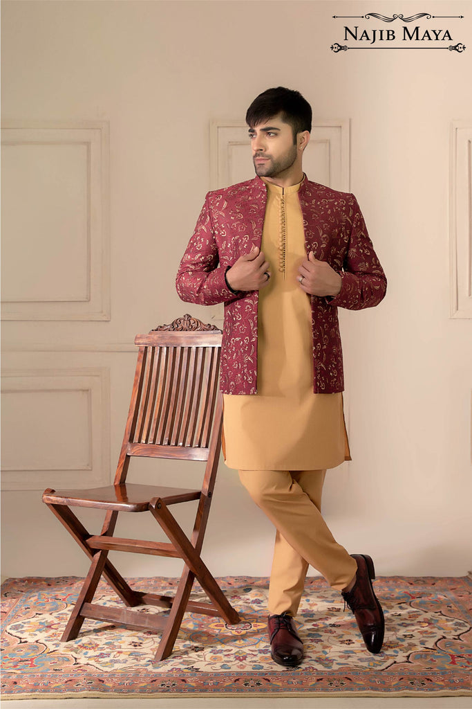 Maroon Embroidery Prince Coat For Men's