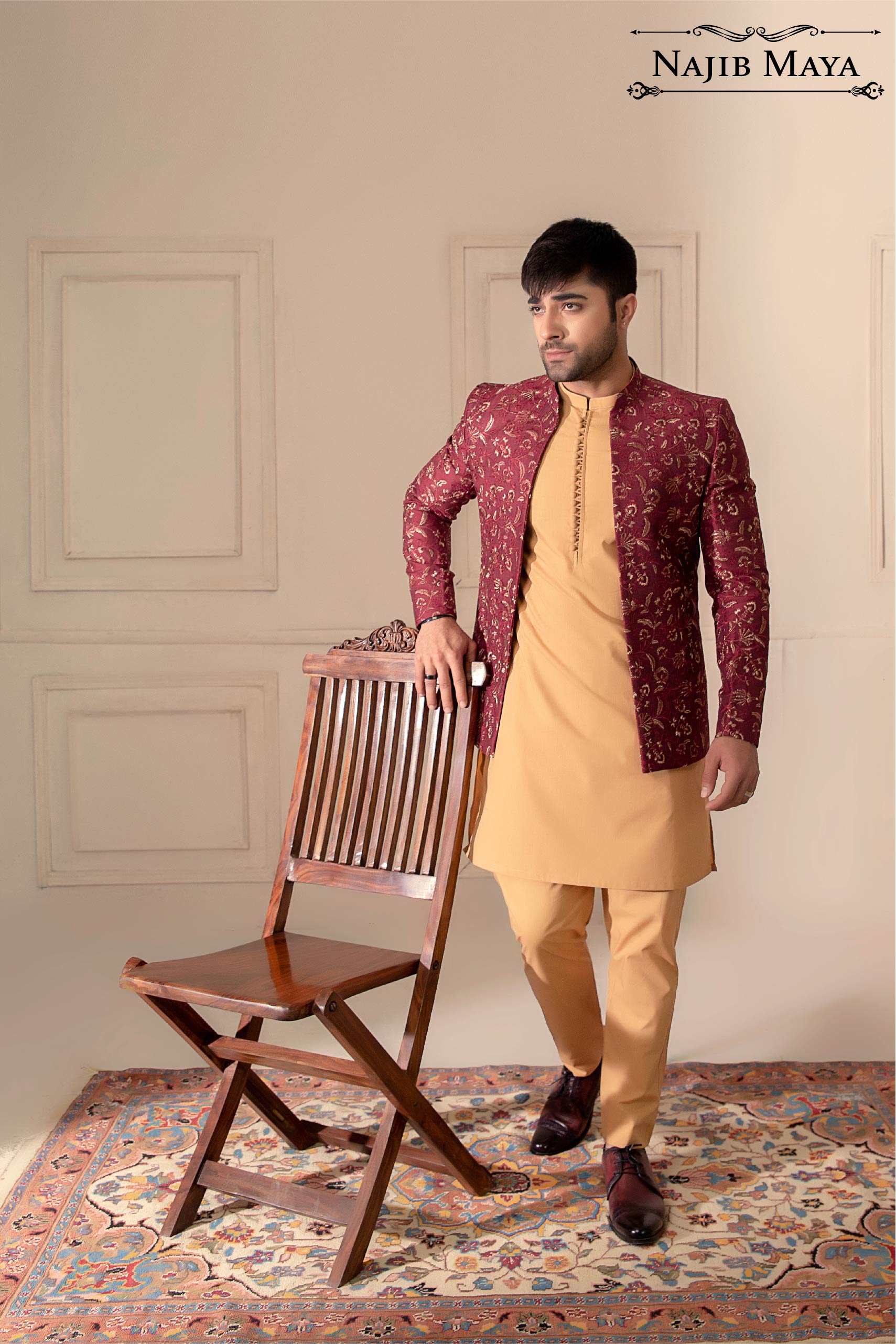 Maroon Embroidery Prince Coat For Men's