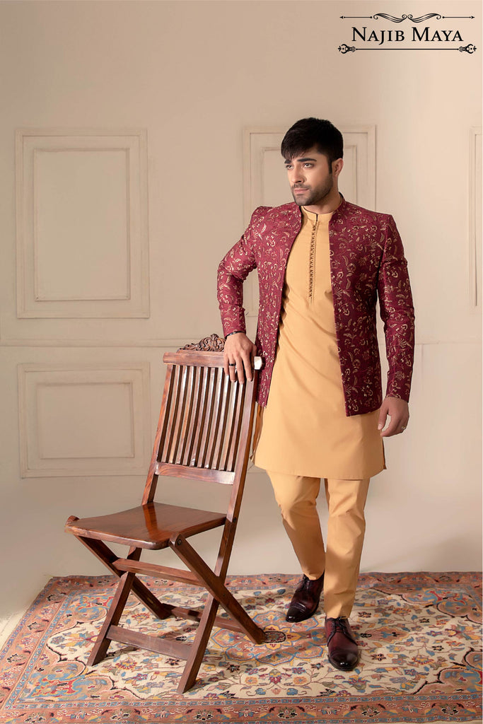 Maroon Embroidery Prince Coat For Men's