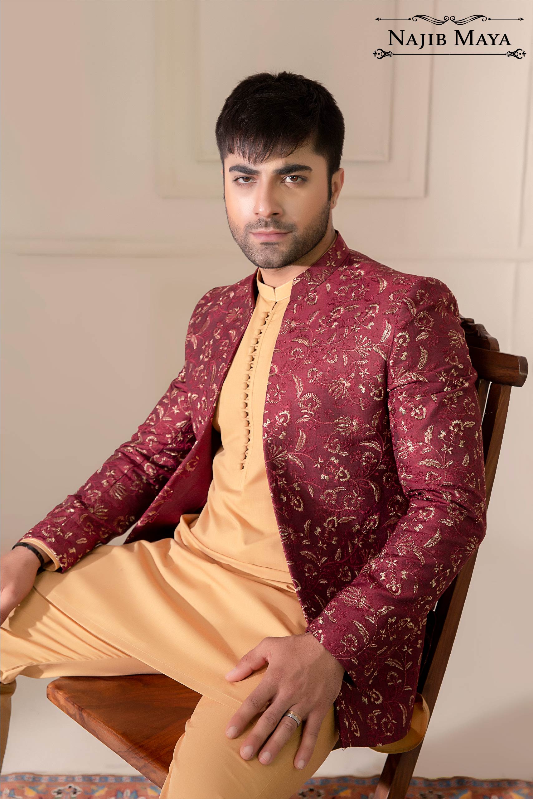 Maroon Embroidery Prince Coat For Men's Secondary image