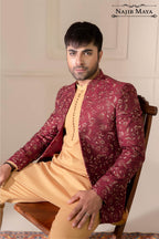 Maroon Embroidery Prince Coat For Men's