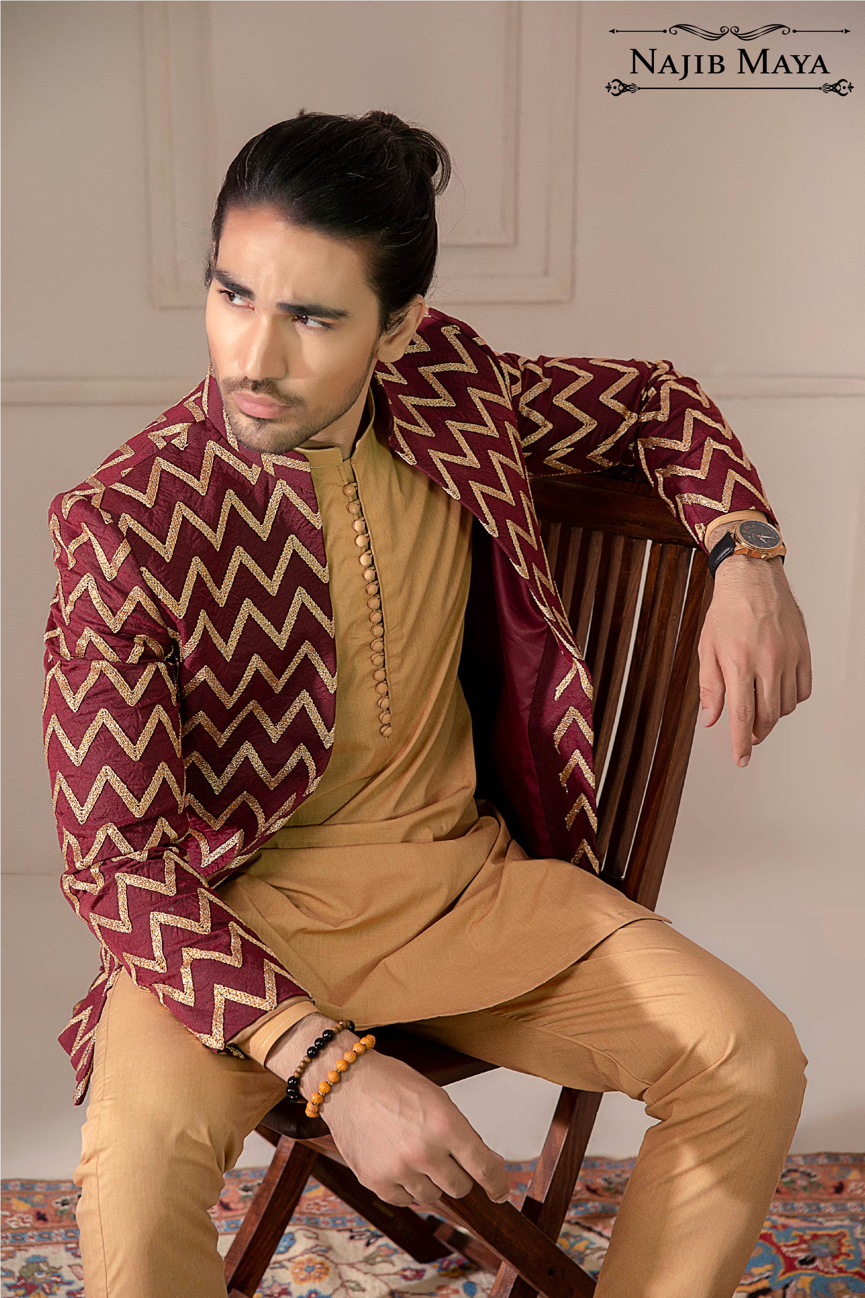 Maroon Stylish Embroidered Prince Coat For Men's Secondary image