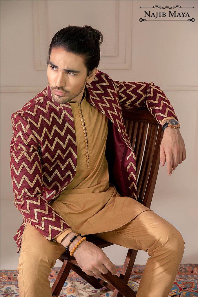 Maroon Stylish Embroidered Prince Coat For Men's