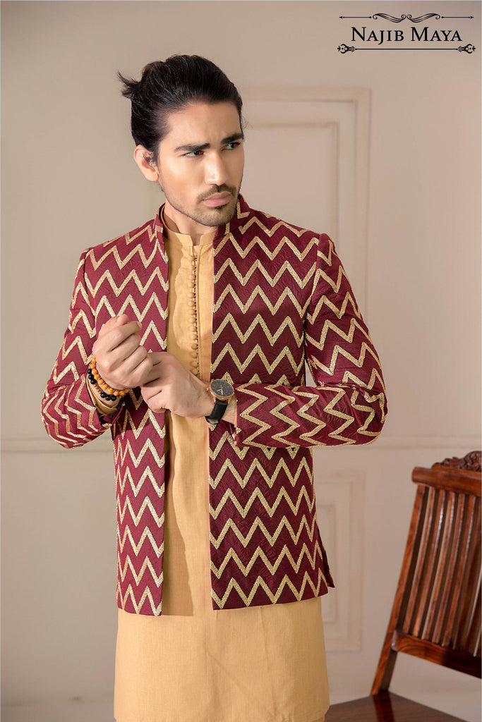 Maroon Stylish Embroidered Prince Coat For Men's