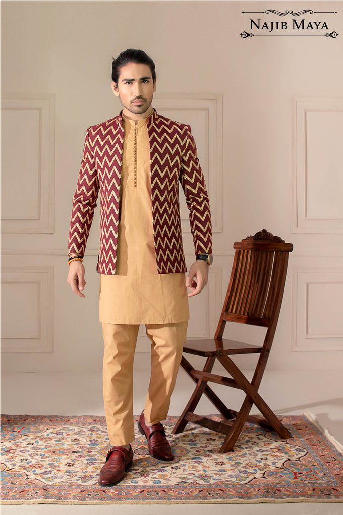 Maroon Stylish Embroidered Prince Coat For Men's