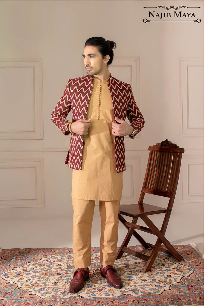 Maroon Stylish Embroidered Prince Coat For Men's