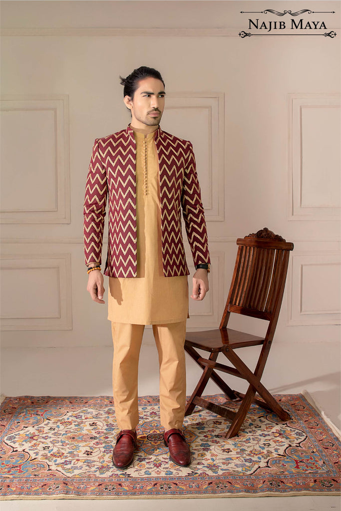 Maroon Stylish Embroidered Prince Coat For Men's