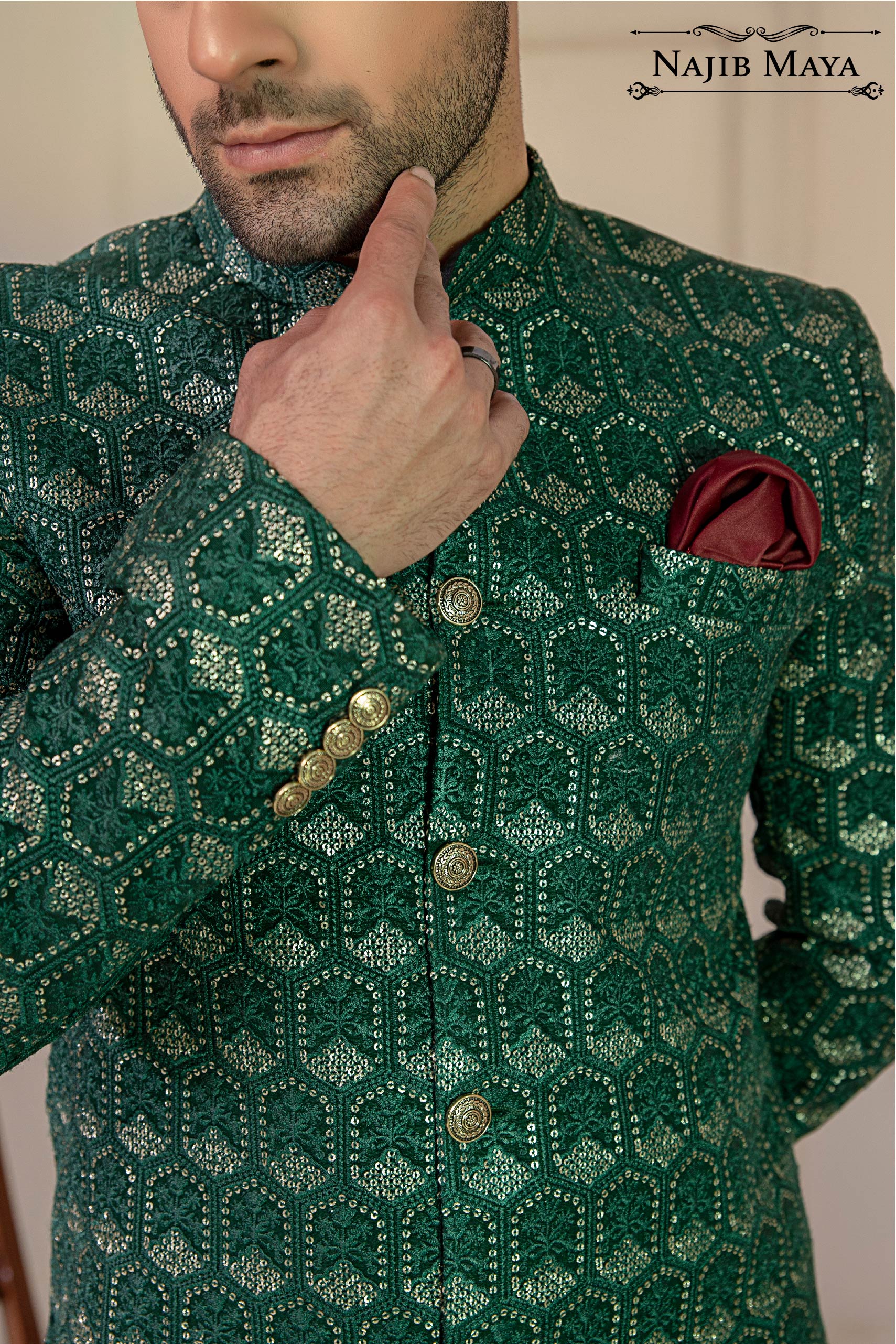 Green Embroidered Prince Coat For Men's