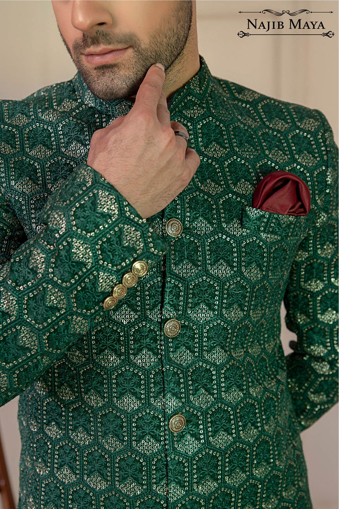Green Embroidered Prince Coat For Men's