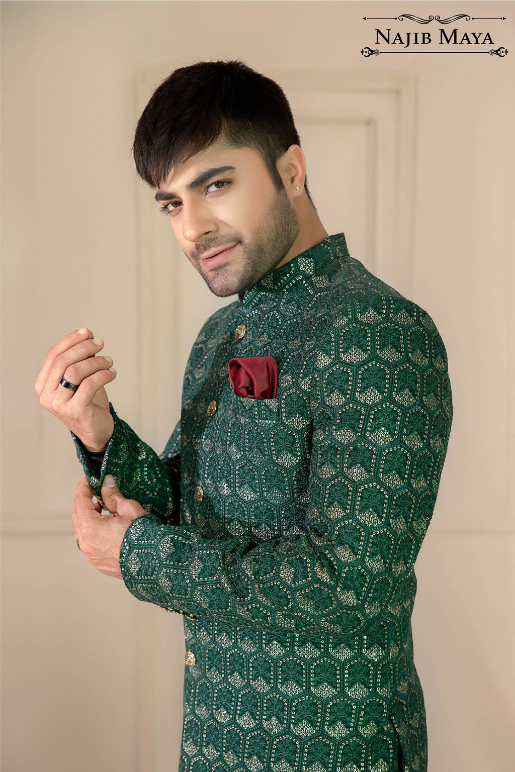 Green Embroidered Prince Coat For Men's