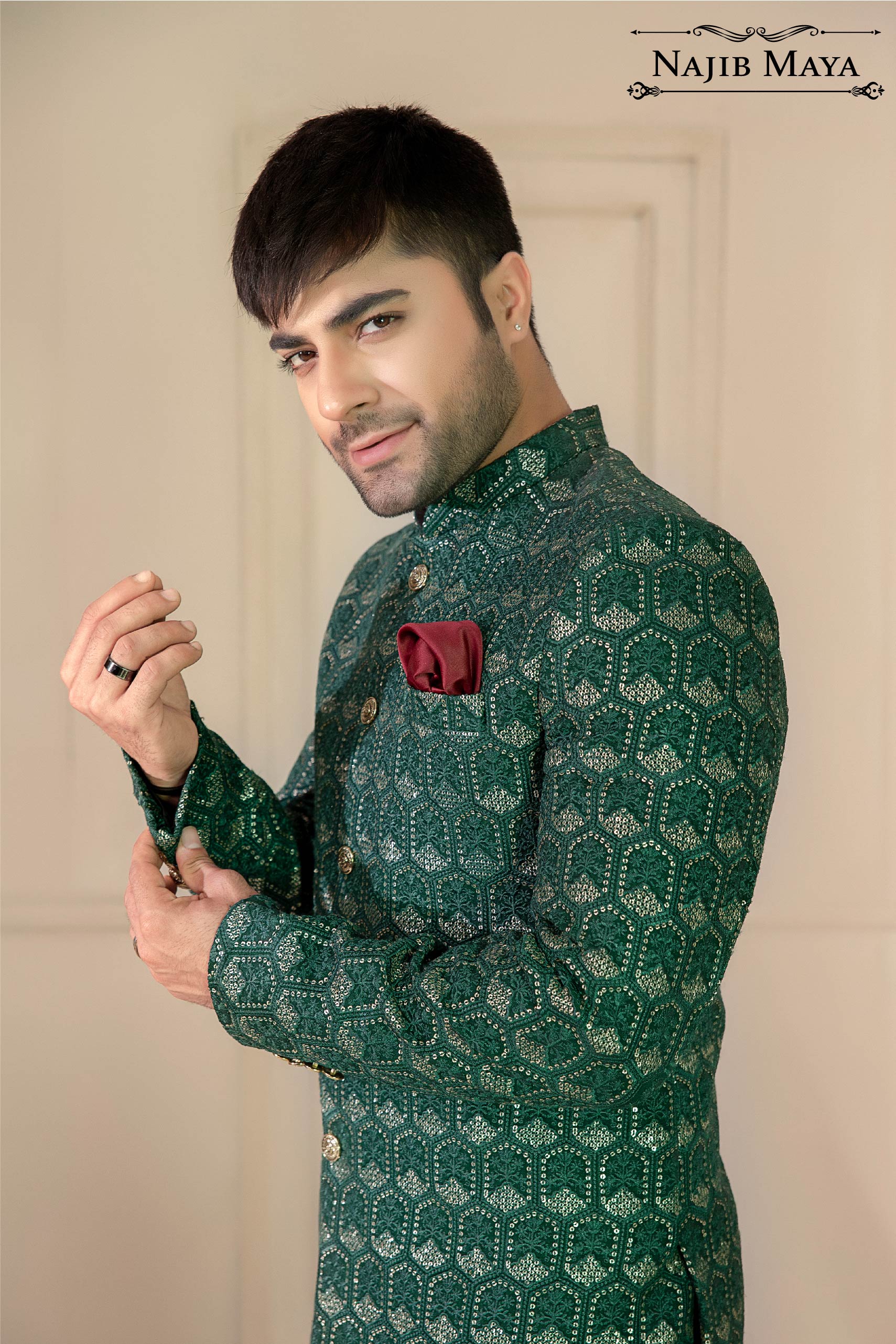 Green Embroidered Prince Coat For Men's