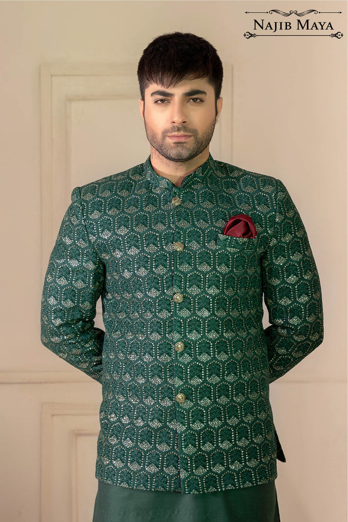 Green Embroidered Prince Coat For Men's