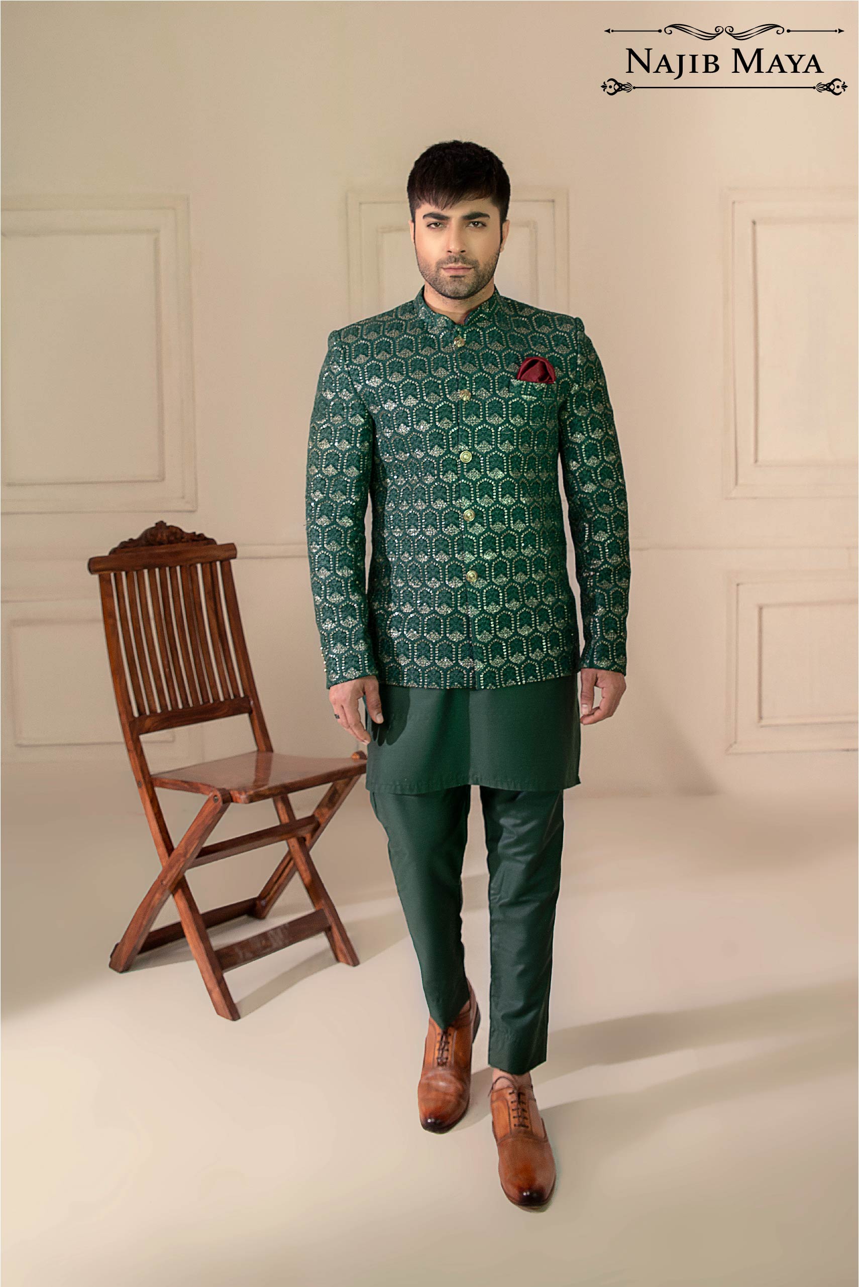 Green Embroidered Prince Coat For Men's Main image