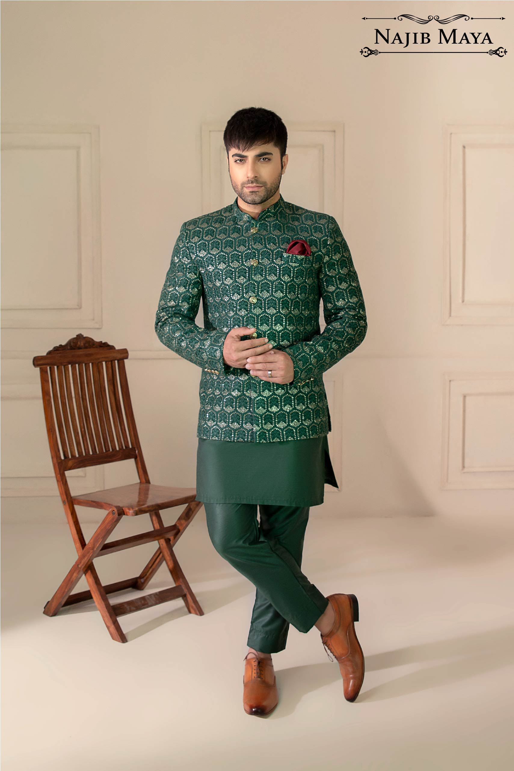 Green Embroidered Prince Coat For Men's