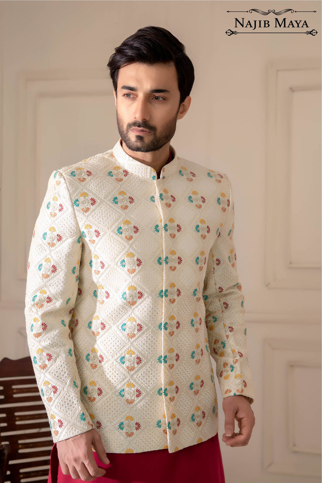 White Multi Embroidered Prince Coat For Men's