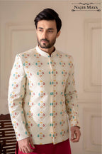 White Multi Embroidered Prince Coat For Men's