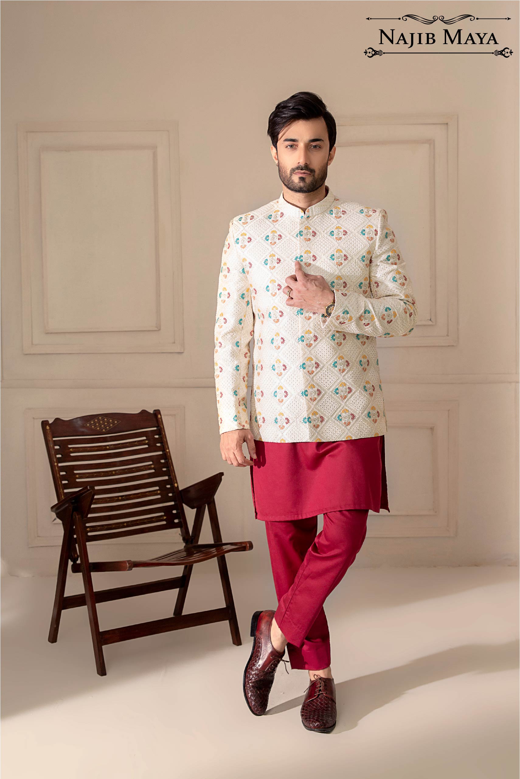 White Multi Embroidered Prince Coat For Men's Main image