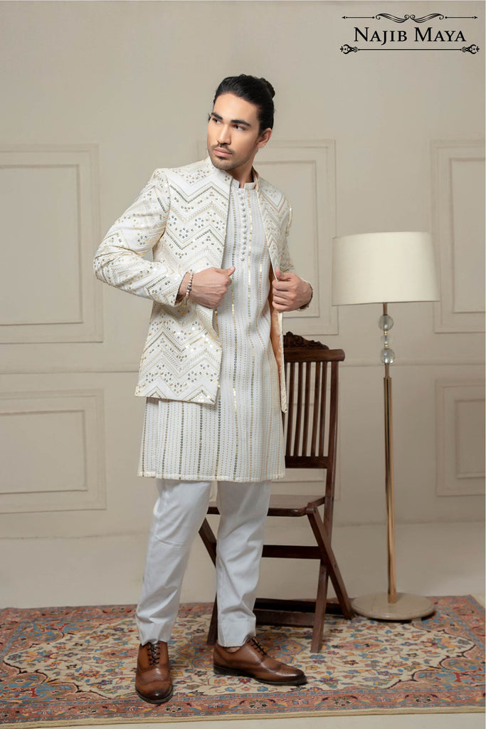White Sequence Embroidery Prince Coat For Men's
