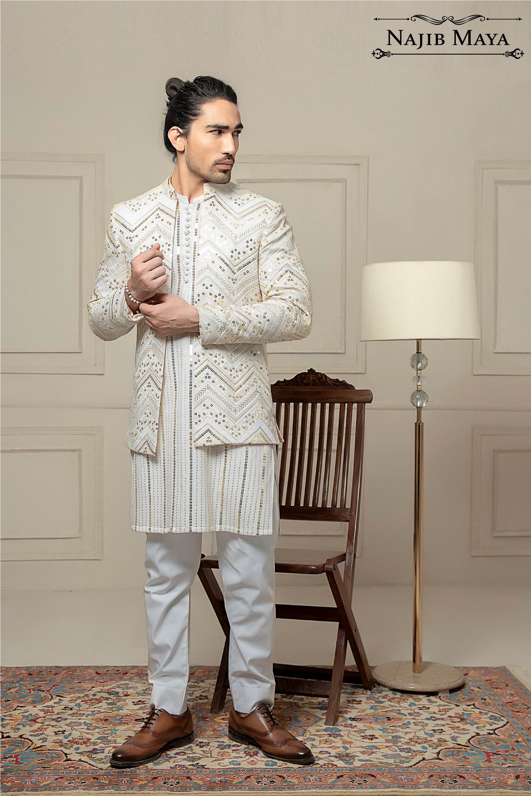 White Sequence Embroidery Prince Coat For Men's Main image