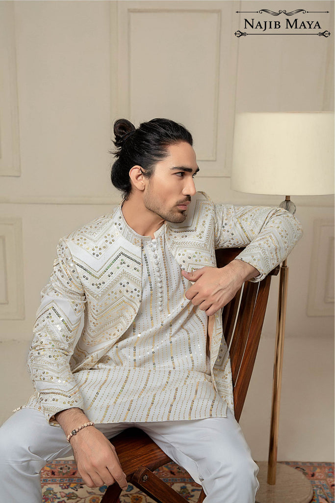 White Sequence Embroidery Prince Coat For Men's