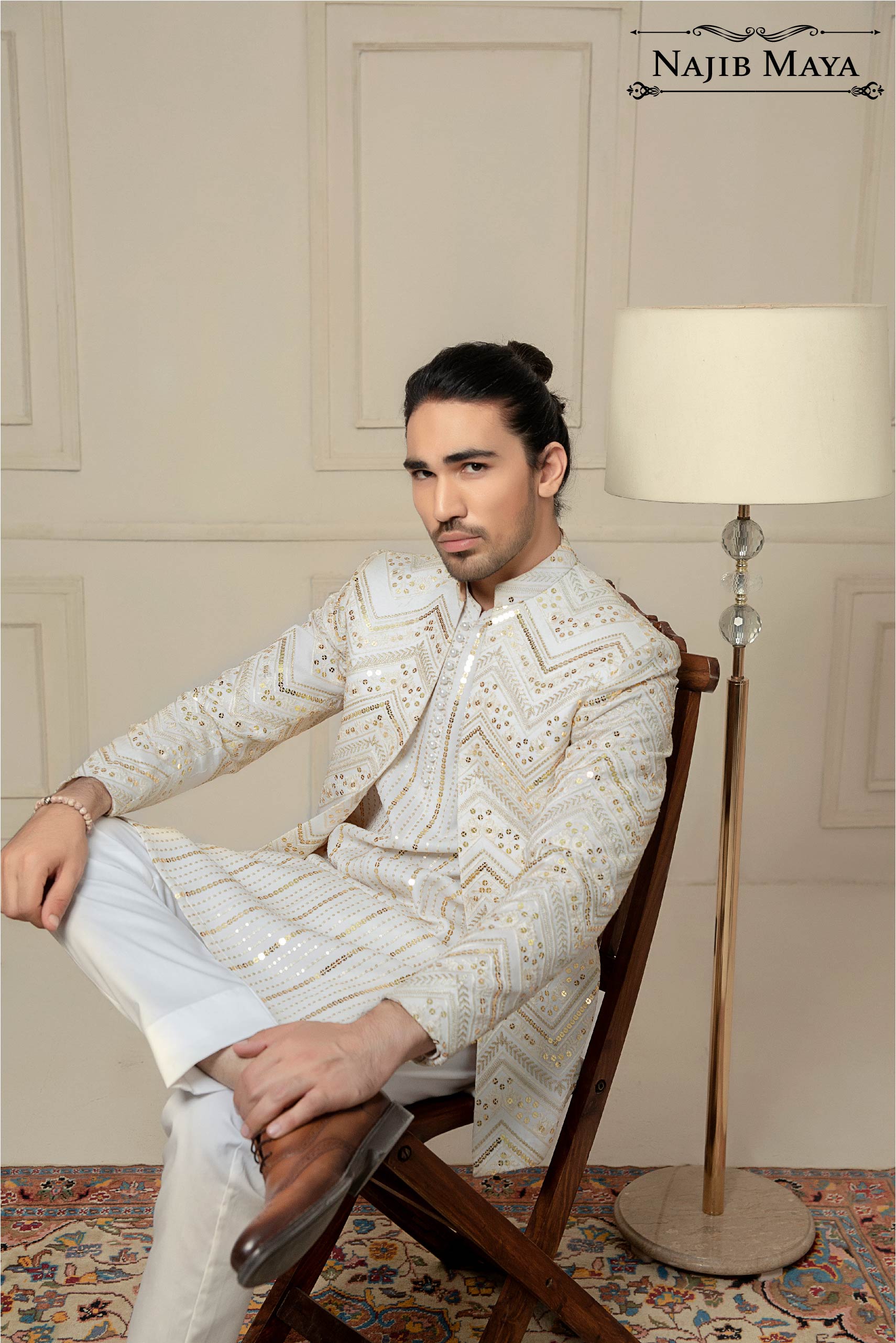 White Sequence Embroidery Prince Coat For Men's