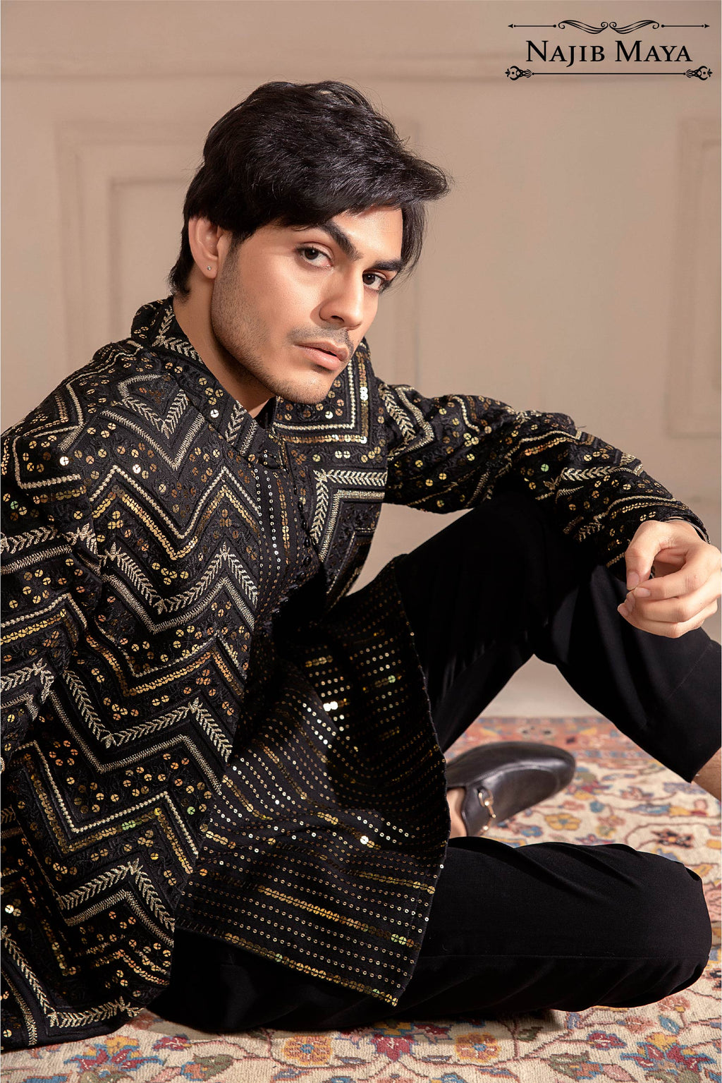 Black Sequence Embroidered Prince Coat For Men's