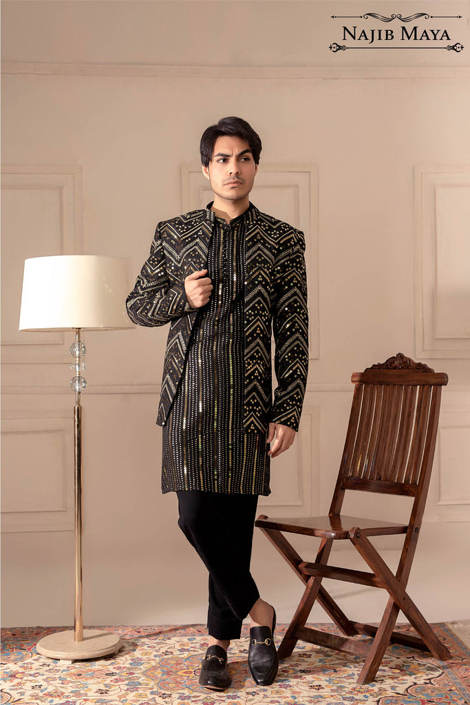 Black Sequence Embroidered Prince Coat For Men's