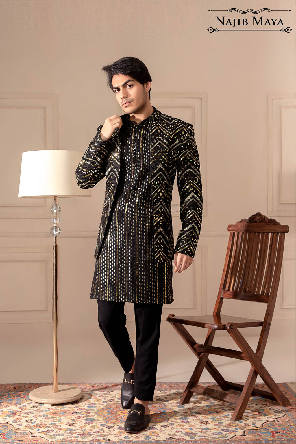 Black Sequence Embroidered Prince Coat For Men's