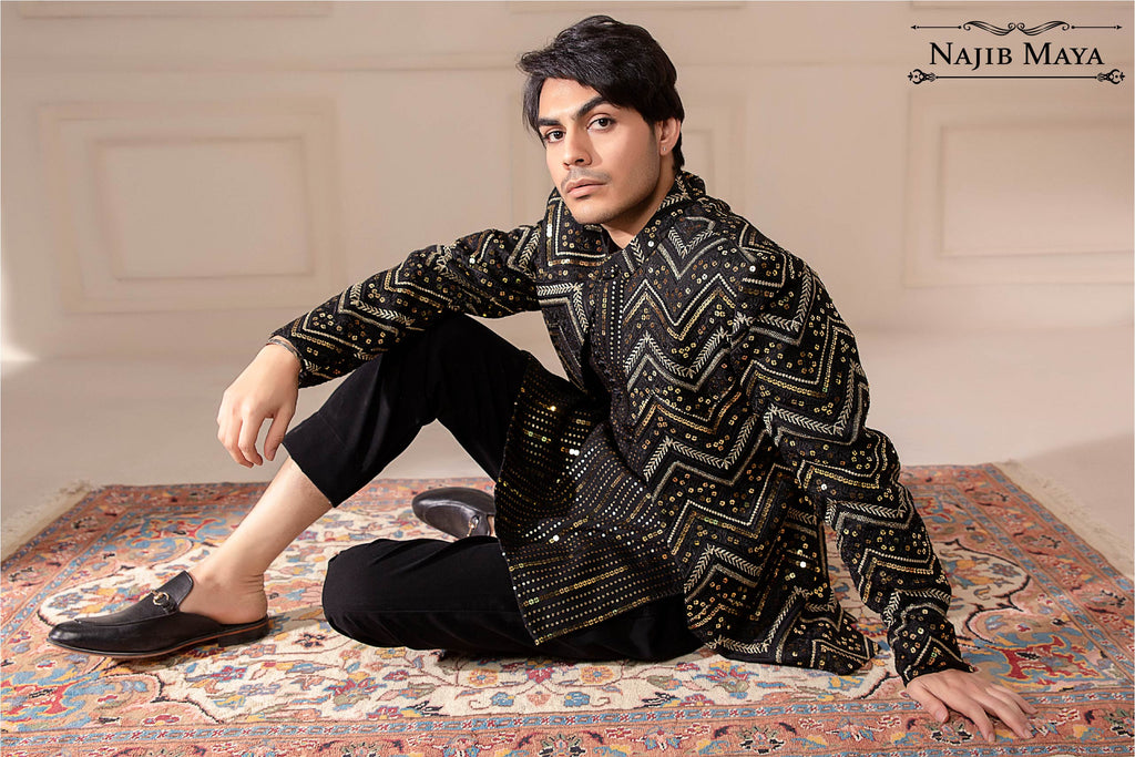 Black Sequence Embroidered Prince Coat For Men's