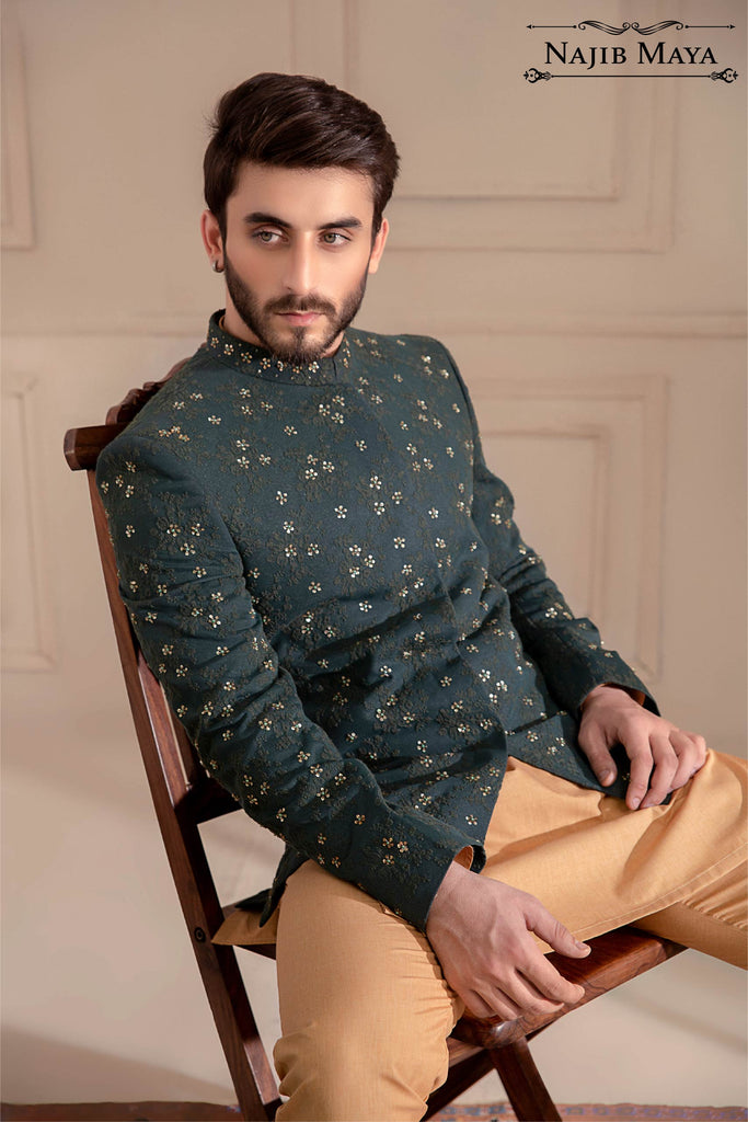 Green Embroidered Prince Coat For Men's