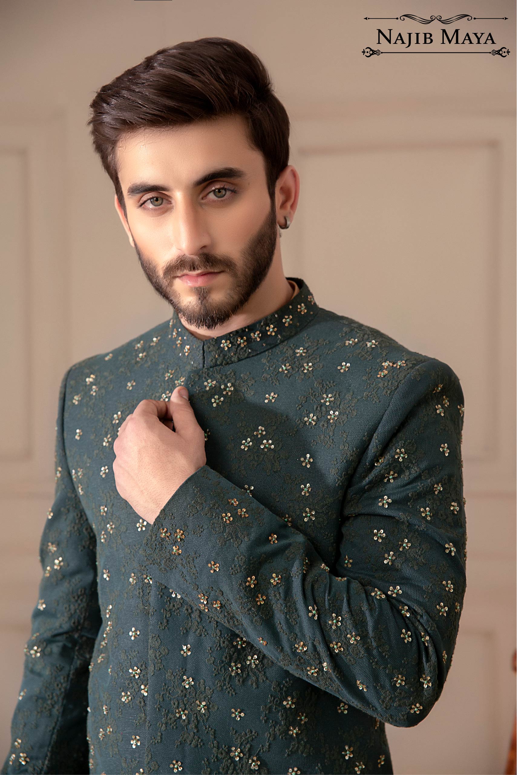 Green Embroidered Prince Coat For Men's Secondary image