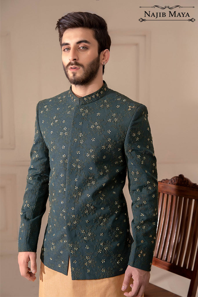 Green Embroidered Prince Coat For Men's