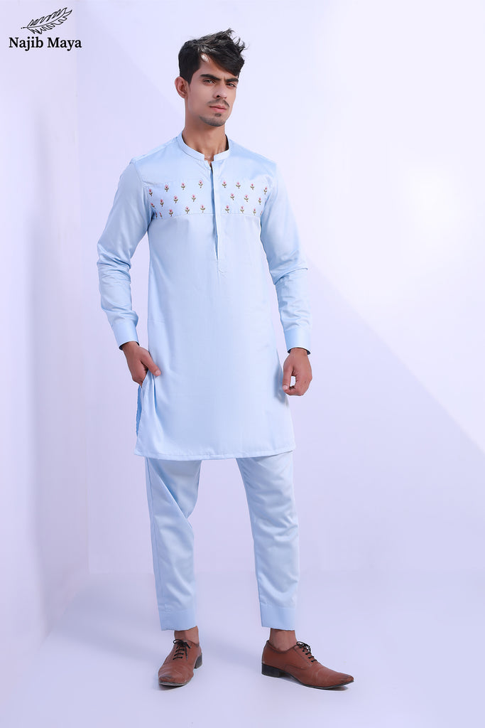 Light Blue Front Embroidery Kurta Pajama For Men's