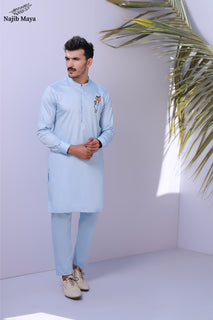 Light Blue Front Emboridery Kurta Pajama For Men's