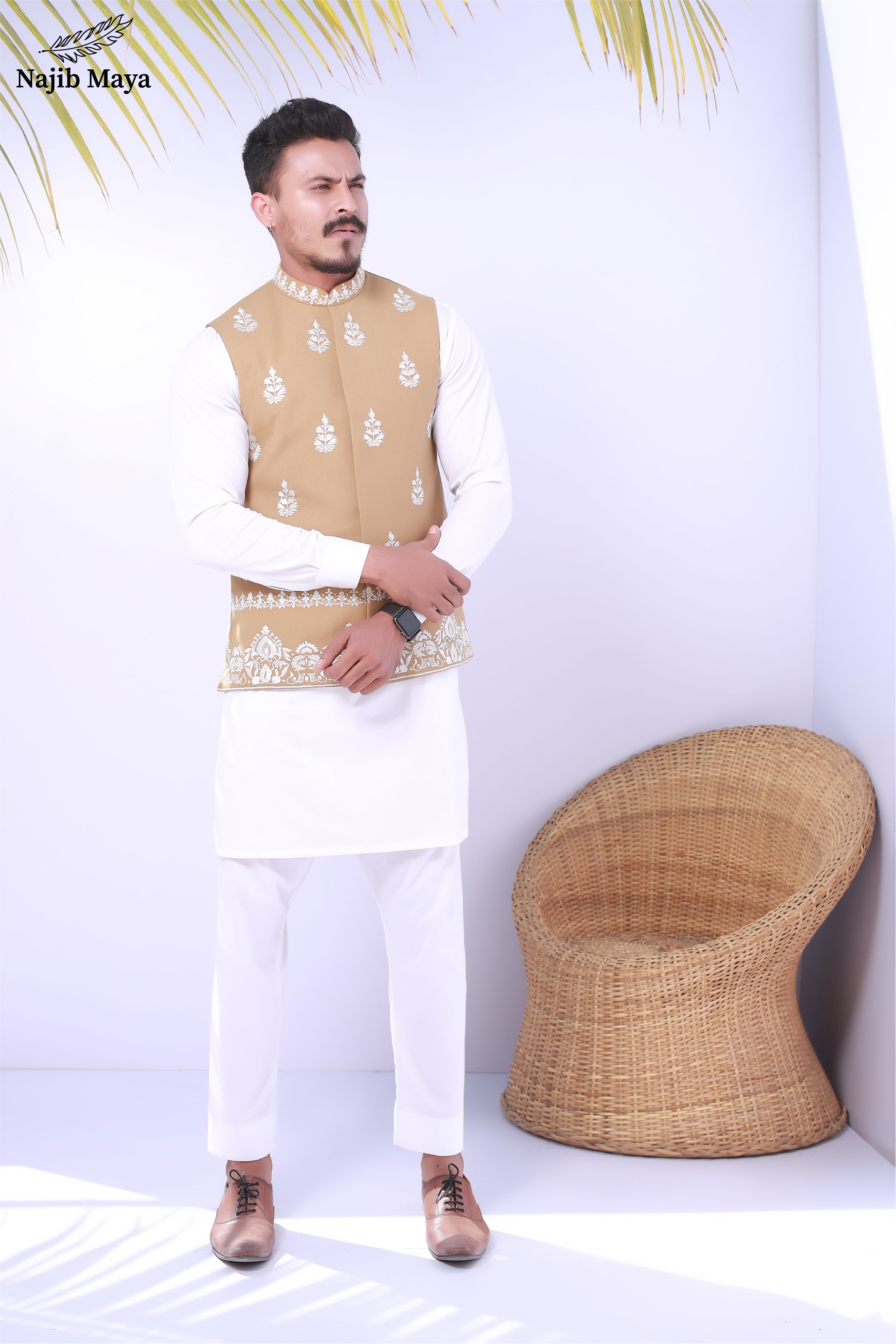 Men's Khaki Embroidered Waist Coat Main image