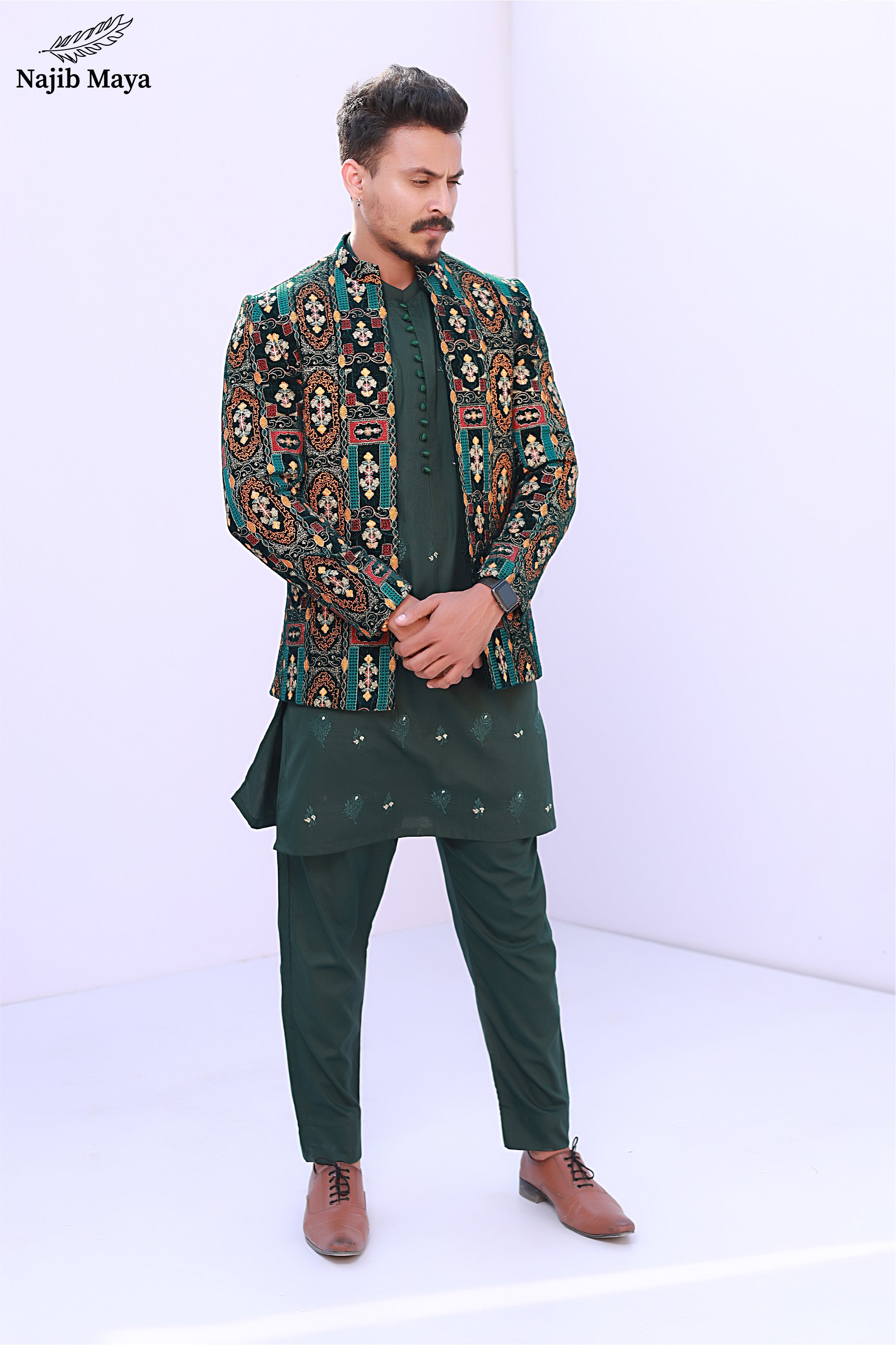 Green Multi Front Open Prince Coat For Men's Main image