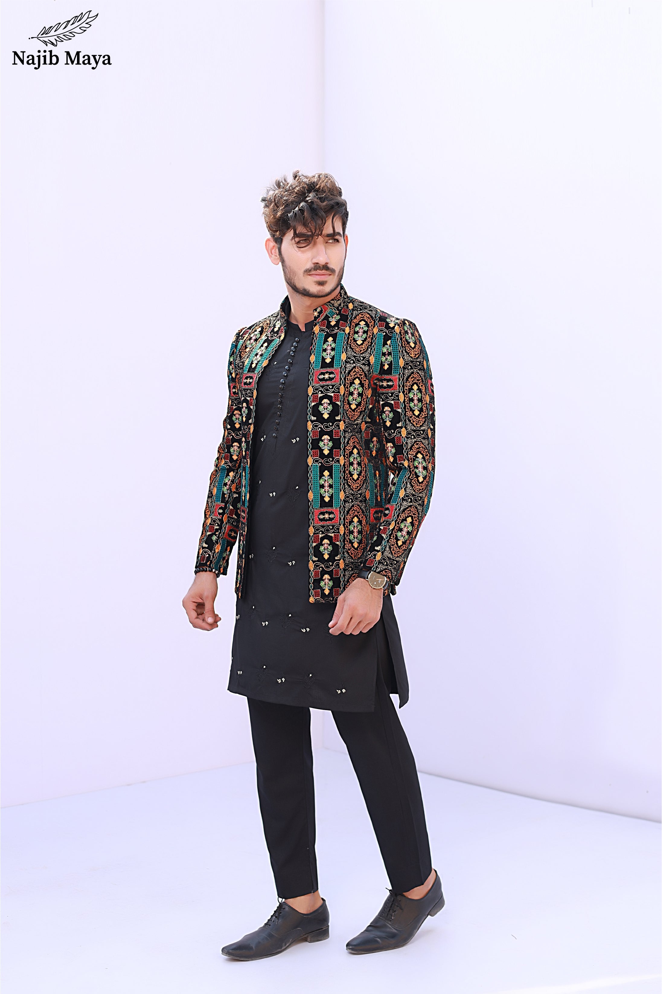 Black Multi Front Open Embroidery Prince Coat For Men's Main image