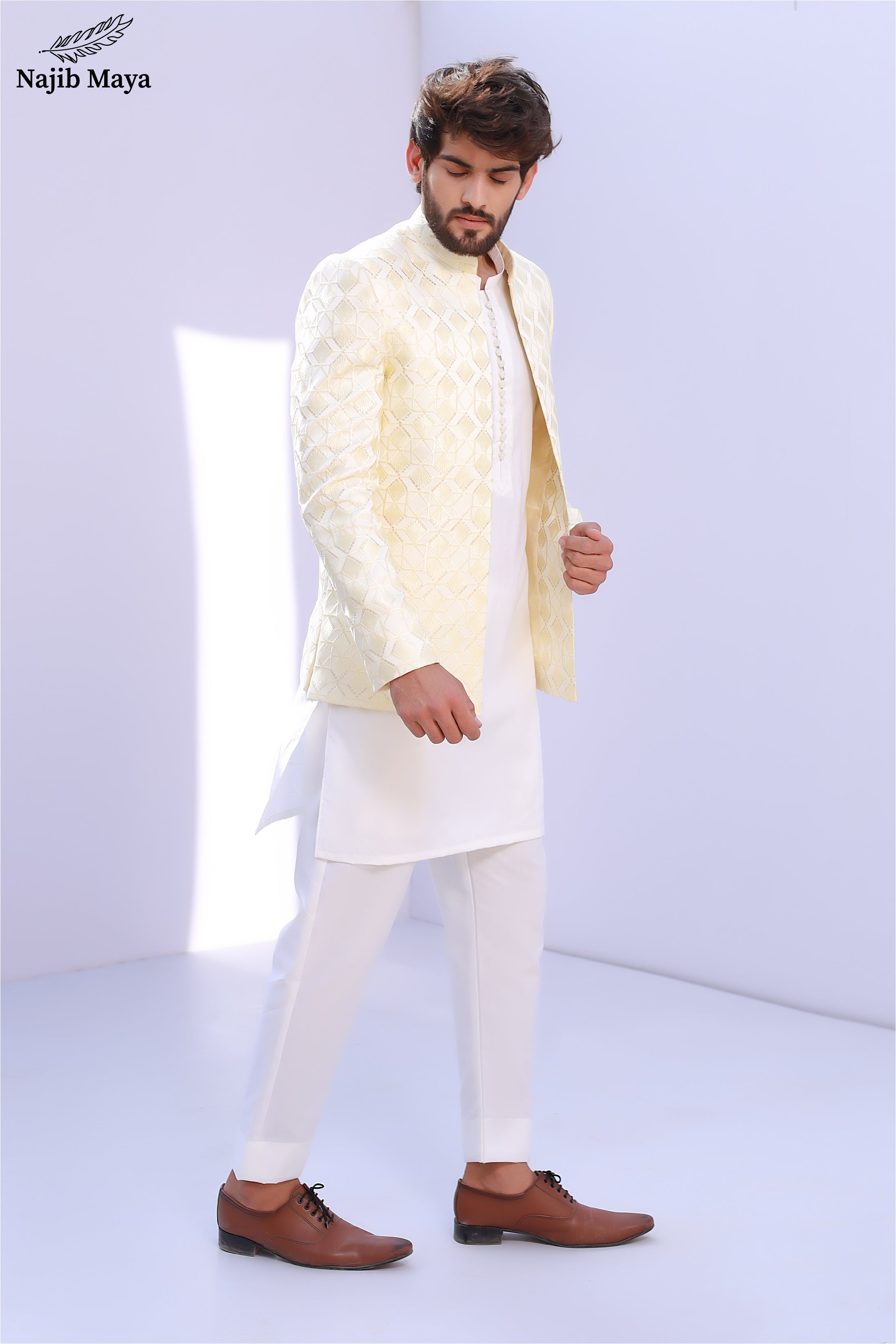 Off White Front Open Sequence Emboridery Prince Coat For Men's Main image